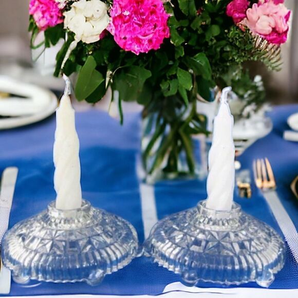 Anchor Hocking Stars and Bars Clear Glass Candlestick Footed Holders - Picture 1 of 16